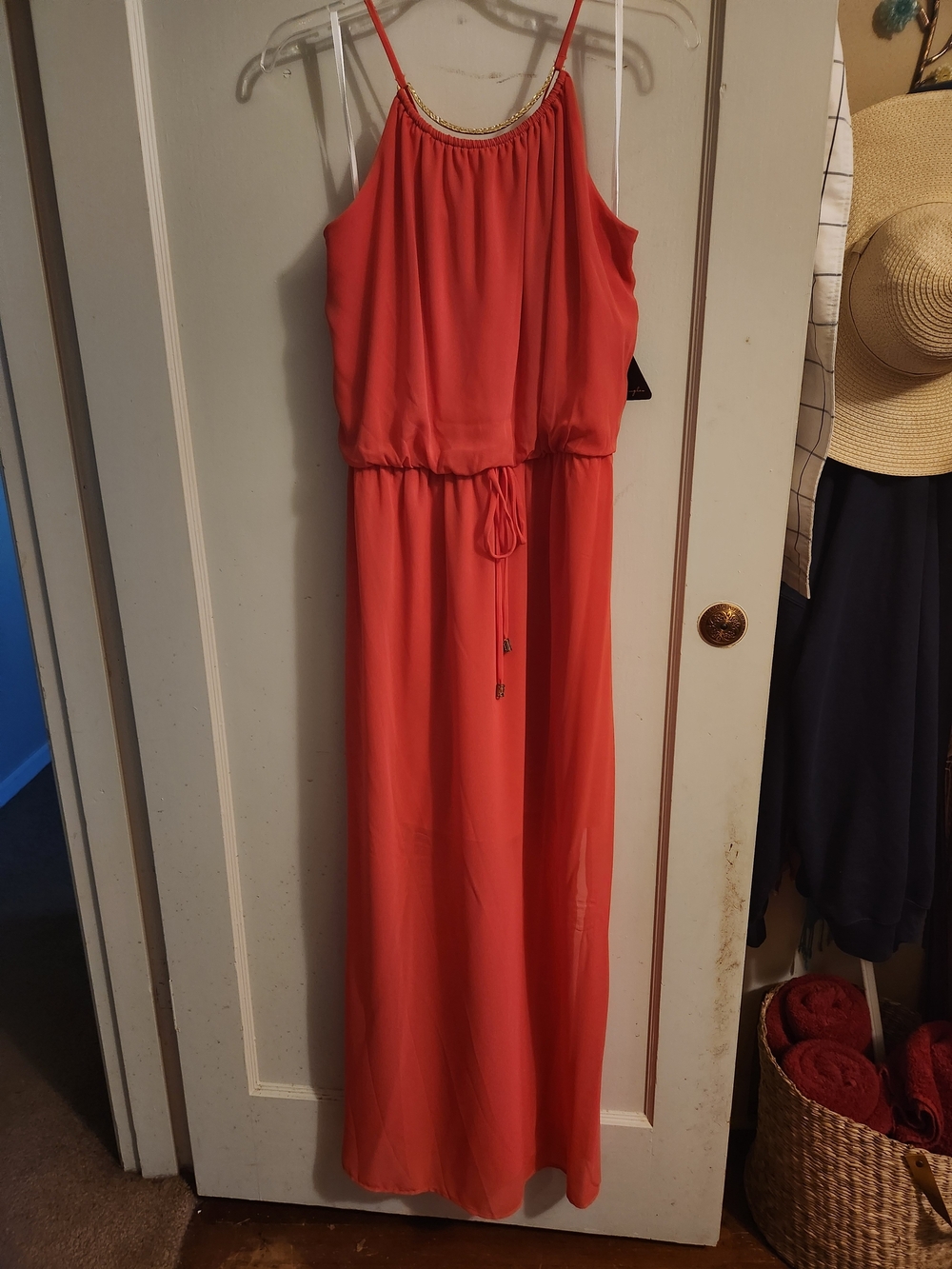Women's Coral Maxi Dress with Beaded Neckline